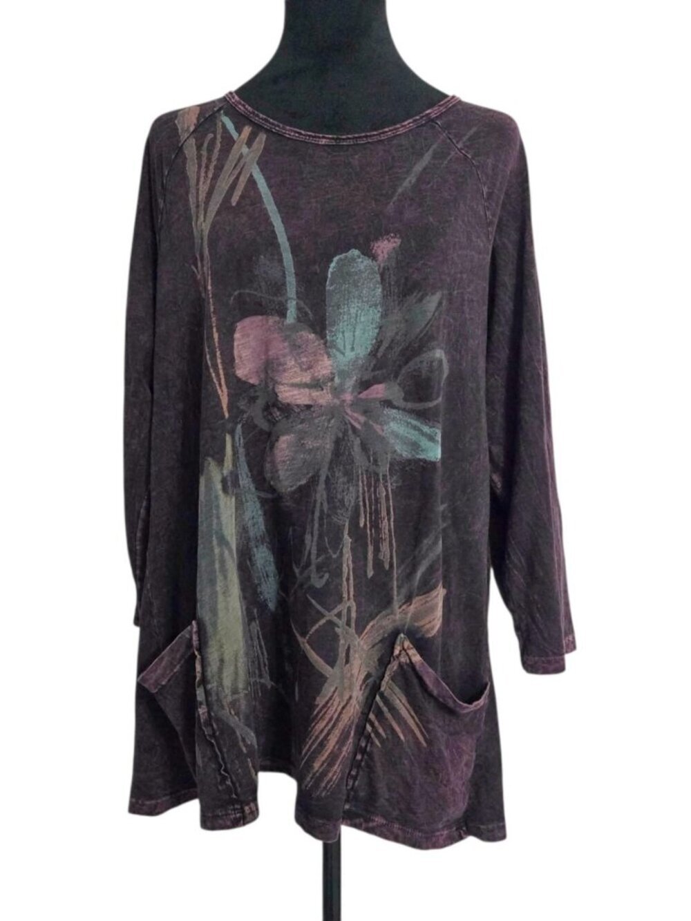Jess & Jane Size Large  Top Blouse Abstract Art Flower Watercolor Lagenlook